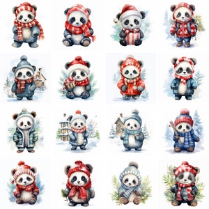 20 Cute Baby Panda Watercolor Clipart, clipart de Natal, férias de inverno, arte de parede, impressões, imprimíveis, scrapbooking, downloads digitais