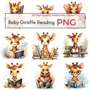 Imágenes prediseñadas de lectura de jirafa bebé, PNG de alta calidad, imágenes prediseñadas de animales de Safari, decoración de guardería, PNG de jirafa linda, descarga instantánea, uso comercial