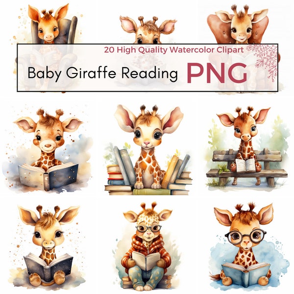 Baby Giraffe Reading Clipart, High Quality PNG, Safari Animals Clipart, Nursery Decor, Cute Giraffe PNG, Instant Download, Commercial Use