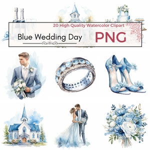 Blue Wedding Day Clipart, stampabili di matrimonio png di alta qualità sposa e sposo matrimonio png Clipart ad acquerello, creazione di cartoline, download immediato