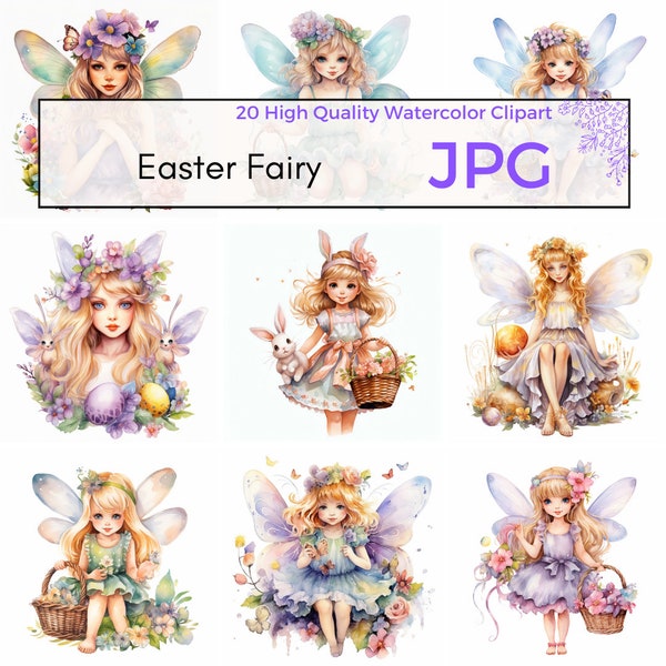Watercolor Easter Fairy Clipart, High Quality JPG, Easter Clipart, Cute Fairy Wall Art, Spring clipart, Commercial Use, Digital download