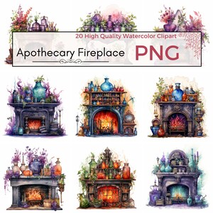 Witch Apothecary Fireplace Clipart, fantasy clipart, Wiccan graphics, magic witchcraft, Watercolor clipart, card making, instant download