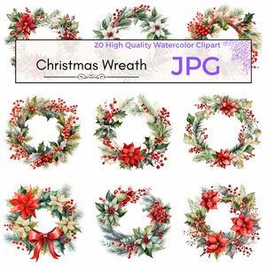 水彩クリスマスリース クリップアート、高品質 JPG、クリスマス クリップアート、デジタル ペーパー、カード作成、デジタル ダウンロード、ホリデー昇華
