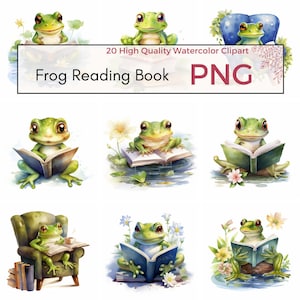 Clipart del libro di lettura della rana, PNG di alta qualità, Clipart della rana, Clipart dell'asilo nido PNG, PNG primaverile, Clipart del topo di biblioteca, Download istantaneo della clipart dei libri