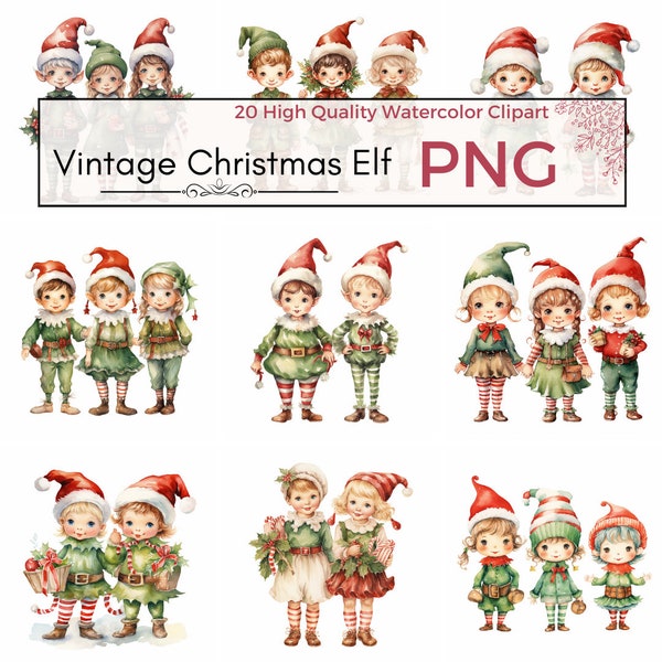 Vintage Christmas Elves Clipart, High Quality PNG, Vintage Holiday Decor Retro Elf PNG Christmas Watercolor Nursery Clipart Instant download