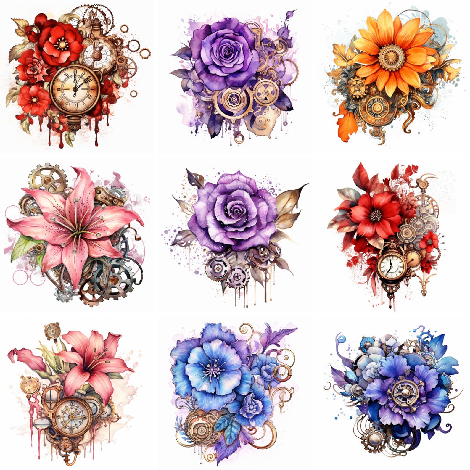 20 Steampunk Flowers Watercolor Clipart, PNG, Steampunk Roses, Antique ...