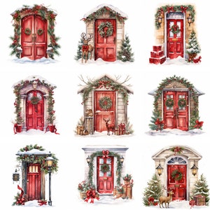 Watercolor Christmas Red Door Clipart, high quality png, xmas, winter, holiday, Printables, junk journal, scrapbooking, digital downloads