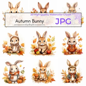 Watercolor Autumn Bunny Clipart, fall clipart rabbit clipart cute animal art printables Scrapbooking, Commercial Use, JPG Digital download