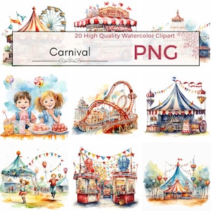 Clipart di carnevale, clipart png di alta qualità per bambini ruota panoramica circo carnevale Stampabili di clipart ad acquerello Creazione di cartoline, download immediato