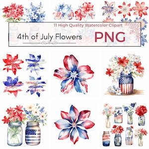 Aquarell 4. Juli Blumen Clipart - Patriotische Blumen Digitaldrucke, Blumen, Kartenherstellung - 11 Hochwertige PNG Bilder - Kommerzielle Nutzung