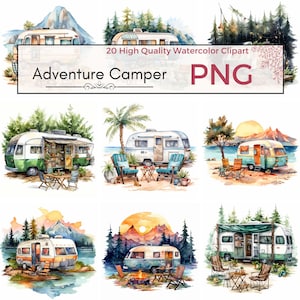 Adventure Camper Clipart, png de alta calidad, imágenes prediseñadas de vacaciones, camping png linda decoración de caravana Tarjeta de imágenes prediseñadas de acuarela haciendo descarga instantánea