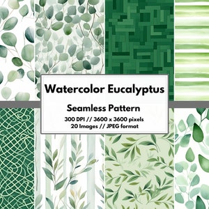 Watercolor Eucalyptus Digital Paper, Green Seamless Pattern, Eucalyptus Scrapbook Paper, Digital Patterns, Instant Download, Commercial Use