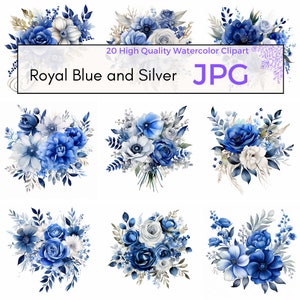 Aquarel Royal Blue en Silver Floral Clipart, Rustiek, Bruiloft Clipart, Vintage Antieke Clipart, Lente, Commercieel Gebruik, Digitale download