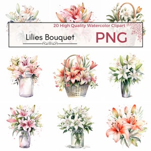 20 Watercolor Lilies Bouquet Clipart Bundle | Hand-Painted Floral Arrangements | Digital Download | Commercial Use, Botanical Illustrations