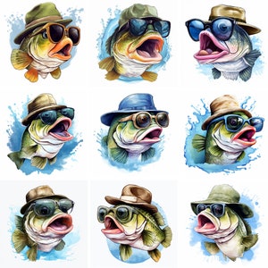 Archivos PNG de imágenes prediseñadas de peces bajos de acuarela, imágenes prediseñadas de peces divertidos, arte de pared, imprimibles, imágenes prediseñadas de pesca para scrapbooking, descarga digital