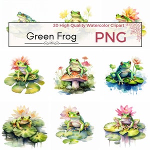 20 Aquarela Sapo Verde Clipart PNG, Cute Frog Floral Lily pad Clip art, clipart de anfíbios, download digital instantâneo para uso comercial