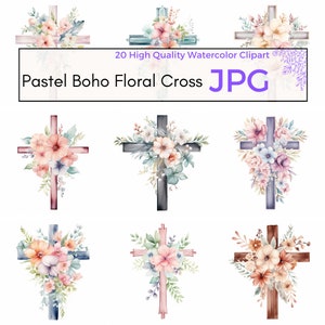 Watercolor Pastel Boho Floral Cross Clipart, Baptism, Easter Clipart, Spring Floral Cross Sublimation, Instant Download, Commercial Use