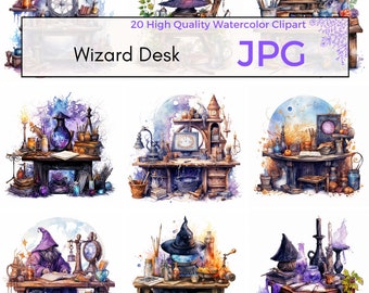 Watercolor Wizard Desk Clipart, High Quality JPG, Magic Clipart, Wizard Clipart, Fantasy Wall Art, Celestial Commercial Use Digital download