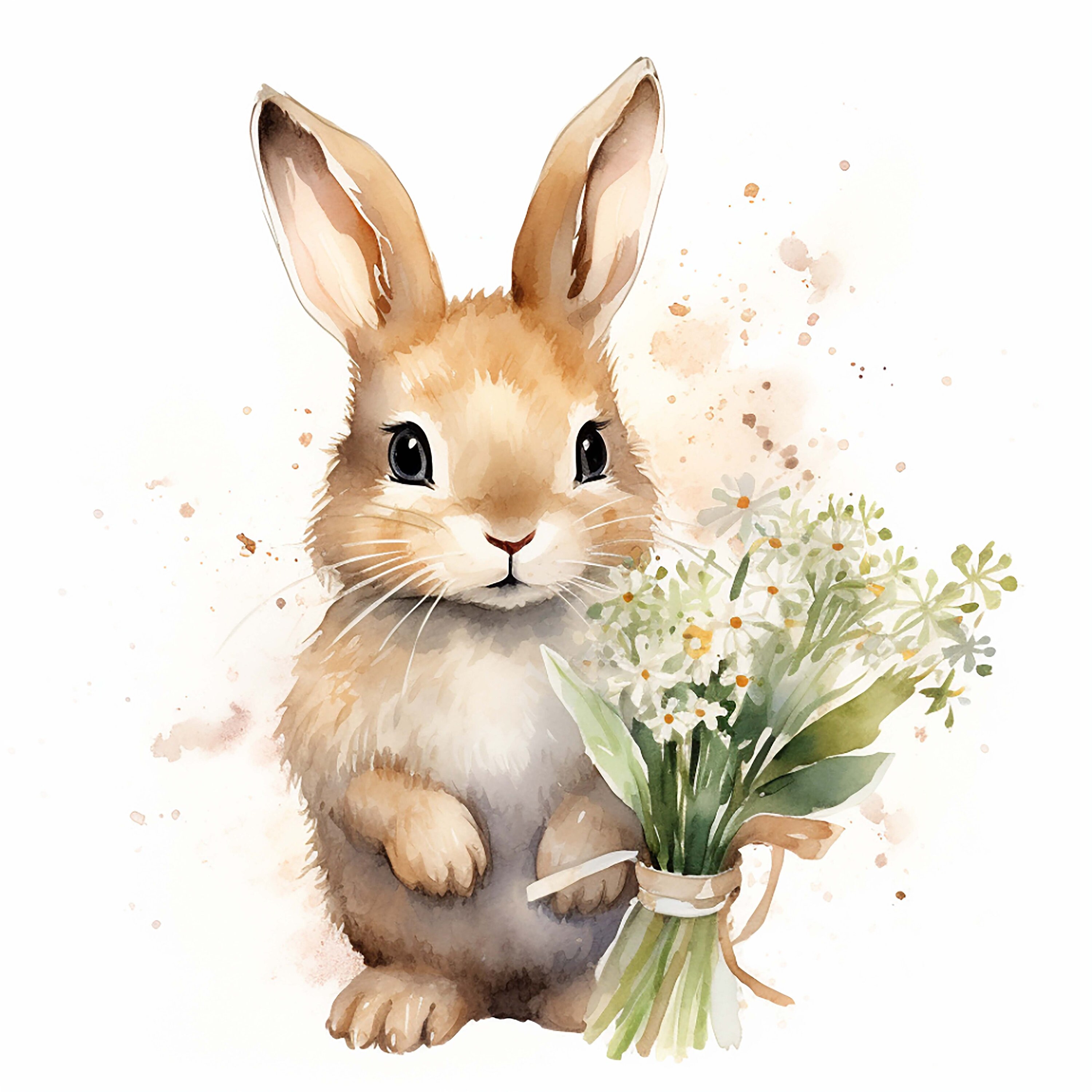 Watercolor Bunny With Flowers Clipart High Quality JPG Cute - Etsy