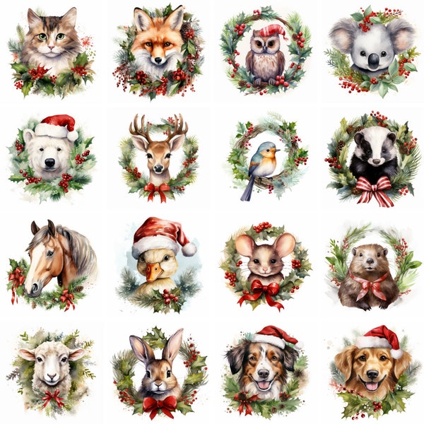 20 Winter Christmas Animals Watercolor Clipart, high quality png, xmas holiday, wall art, wreath, prints, Sublimation, instant download