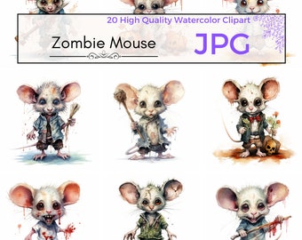 Watercolor Zombie Mouse Clipart, halloween clipart spooky sublimation zombie jpg download Scrapbooking, Commercial Use, Digital download