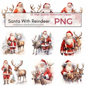 Clipart di Babbo Natale con renna, PNG di alta qualità, Clipart di Babbo Natale, Clipart di renna, Babbo Natale acquerello, Clipart acquerello, download istantaneo
