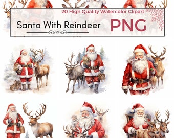 Santa With Reindeer Clipart, High Quality PNG, Santa Claus Clipart, Reindeer Clipart, Watercolor Santa, Watercolor clipart, Instant download