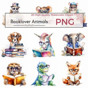 20 Aquarell Booklover Tiere Clipart, lesen Tiere Clipart, Buch Clipart, Kinderzimmer Clipart, lesen Buch Tiere, PNG, digitaler Download