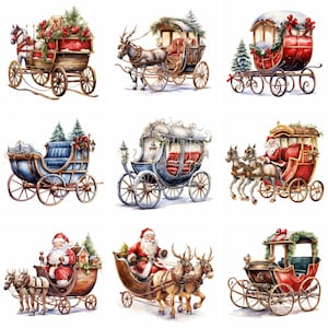 20 Santas Sleigh Watercolor Clip art, png, Saint Nick clipart, art mural de Noël, imprimables, scrapbooking, graphiques de Noël, renne, traîneau