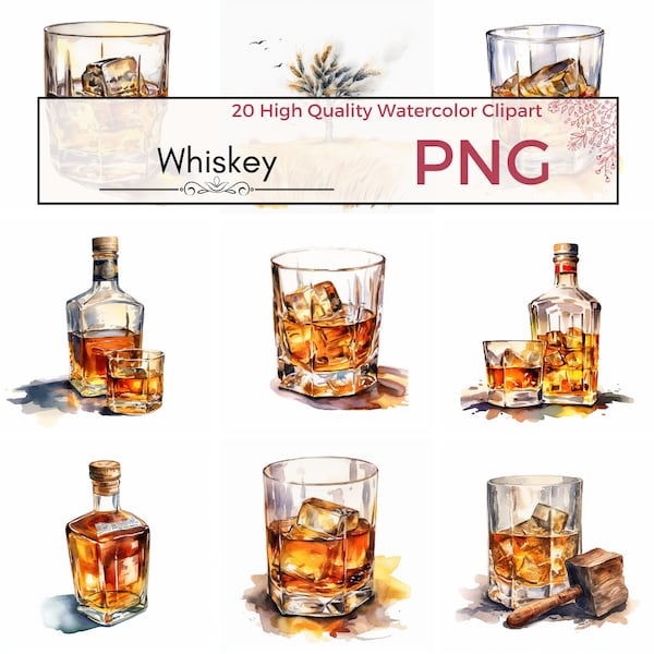 20 Watercolor Whiskey Glass Clipart | Bourbon, Cocktail, Whiskey Bottle | Digital Download PNG, Commercial Use, Drinks, Digital Prints