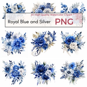 Royal Blue en Silver Floral Clipart, PNG van hoge kwaliteit, Spring Rustic Wedding Clipart, Flower Sublimation, Card making, Instant download