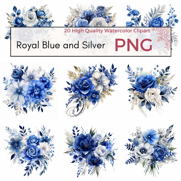 Royal Blue and Silver Floral Clipart, High Quality PNG, Spring Rustic Wedding Clipart, Flower Sublimation, Card making, Instant download