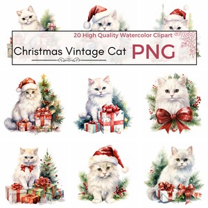 Christmas Vintage Cat Clipart, High Quality PNG, Christmas Clipart, Vintage Cat Art, Kitten PNG, Watercolor, Card making, Instant download