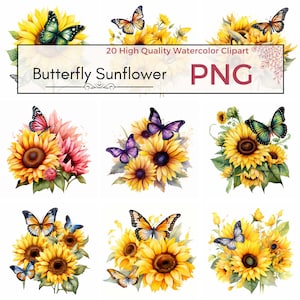 Clipart de girassol de borboleta, PNG de alta qualidade, clipart de flor, clipart de borboleta, clipart aquarela PNG fofo, criação de cartão, download instantâneo