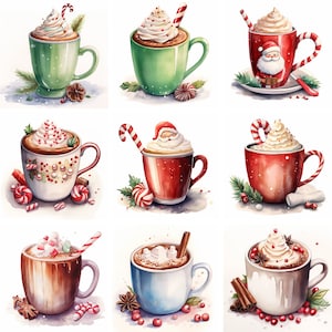 Watercolor Hot Chocolate Clipart, High Quality PNG files, Hot Cocoa clip art, printables, graphics, winter, junk journal, Christmas, xmas