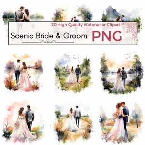 Malerische Braut und Bräutigam Clipart, hochwertige PNG, Just Married Clipart, Aquarell Braut und Bräutigam PNG, Hochzeitstag Drucke, sofortiger Download