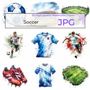Watercolor Soccer Clipart, soccer ball and cleats clipart, sports jpg printables, wall art, Scrapbooking, Commercial Use, Digital download