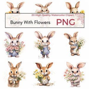 Bunny With Flowers Clipart, High Quality PNG, Bunny Clipart, Floral Clipart, Rabbit Graphics, Spring Animals, Card making, Instant download