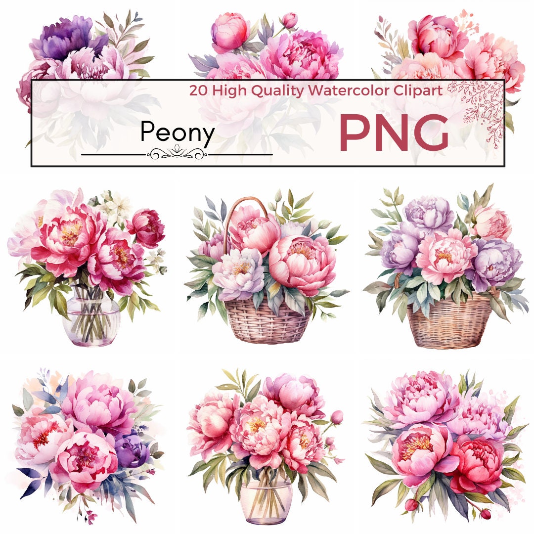 20 Watercolor Peony Bouquet Clipart Bundle, Floral Arrangements ...