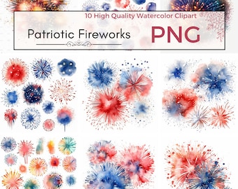 Watercolor Firework Clipart Set of 10 - Patriotic Fireworks Digital Prints, Fireworks, Card Making- High Quality PNG Images - Commercial Use