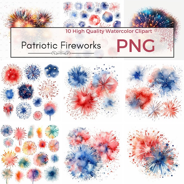 Watercolor Firework Clipart Set of 10 - Patriotic Fireworks Digital Prints, Fireworks, Card Making- High Quality PNG Images - Commercial Use