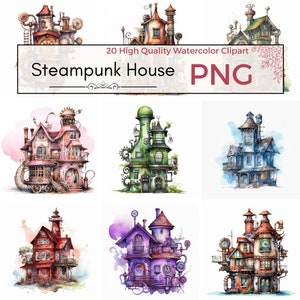 20 Acuarela Steampunk House Clipart PNG / Steampunk Estética, Imágenes Prediseñadas de Fantasía, Uso Comercial, Descarga Digital, Impresiones, Reserva de chatarra
