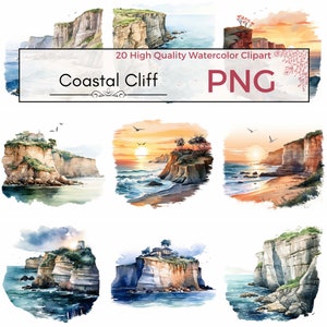 Coastal Cliff Clipart, png de haute qualité, clipart scénique, clipart paysage, png d’été, clipart aquarelle, fabrication de cartes, téléchargement instantané