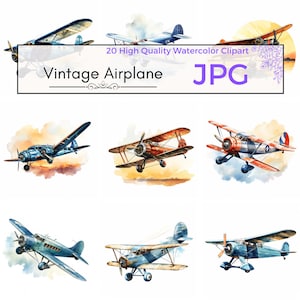 Watercolor Vintage Airplane Clipart JPG, aircraft art, vintage clipart, nursery clipart, decor Scrapbooking Commercial Use, digital download
