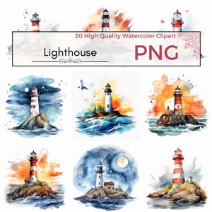 20 Watercolor Lighthouse Clipart Bundle | Coastal Illustrations | Digital Download | Commercial Use, Storm clipart, Lighthouse png, Ocean