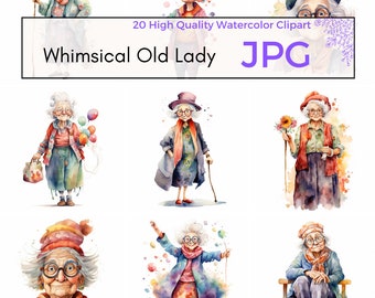 Watercolor Whimsical Old Lady Clipart, High Quality JPG, Quirky Old Woman Wall Art, Funny Lady Graphics, Digital Download, Commercial Use