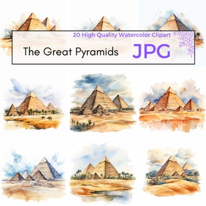 Acuarela Las Grandes Pirámides Clipart, JPG de alta calidad, Imágenes Prediseñadas egipcias, Pirámide, Arte de la pared del Antiguo Egipto, Descarga instantánea, Uso comercial