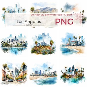 Los Angeles California Clipart, clipart de cidade png de alta qualidade LA skyline beach sublimation Clipart aquarela, criação de cartões, download instantâneo