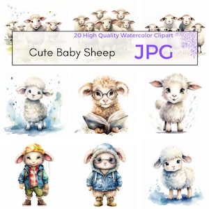 Acquerello Cute Baby Sheep Clipart, JPG di alta qualità, Arte della parete delle pecore, Stampe della scuola materna, Clipart di animali carini, Download istantaneo, Uso commerciale