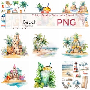Watercolor Tropical Clipart - Set of 13,Card Making, High Quality PNG Images, Summer and Beach, Digital Prints, Commercial Use
